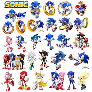 Può includere: Una collezione di immagini colorate dei personaggi di Sonic the Hedgehog. Le immagini includono Sonic, Amy Rose, Knuckles, Tails e Shadow, insieme al logo Sonic e agli anelli d'oro. I personaggi sono in varie pose d'azione.