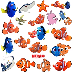 May include: A collection of cartoon sea creatures, including clownfish, a blue tang, a starfish, and a manta ray. The word "NEMO" is displayed in red block letters. The characters are in various poses and sizes.