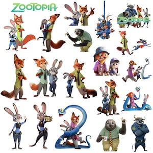 以下が含まれることがあります： アニメ映画「ズートピア」のカラフルな漫画のキャラクター画像を集めたものです。キャラクターには、キツネ、ウサギ、ナマケモノ、バッファローなどが含まれており、さまざまなポーズや衣装で描かれています。「Zootopia」の文字が上部にあります。