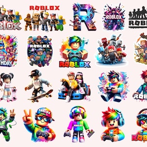 Puede incluir: Una colección de gráficos coloridos con temática de Roblox. Las imágenes presentan personajes, logotipos y diseños temáticos de cumpleaños. El logotipo de Roblox se muestra de forma destacada en varios estilos, con colores vibrantes y poses dinámicas.