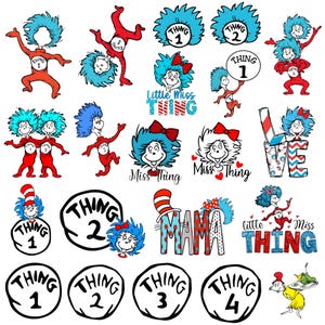 Könnte beinhalten: Eine Sammlung von Grafiken im Stil von Dr. Seuss mit den Figuren Thing 1, Thing 2 und Miss Thing. Die Designs enthalten die Wörter "Mama", "Little Miss Thing" und die Zahlen 1-4 in einem verspielten, farbenfrohen Stil, ideal für Bastelarbeiten.