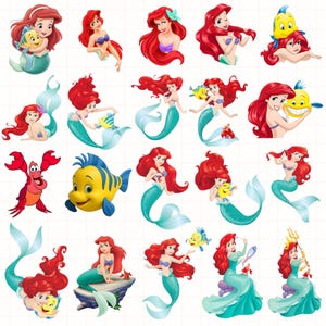 May include: A selection of cartoon illustrations featuring a mermaid with long red hair, a teal tail, and a purple seashell top. Some illustrations include a yellow fish, a red crab, and other sea creatures. The mermaid is in various poses.
