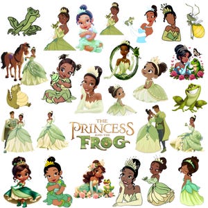 May include: A collection of stickers featuring characters and elements from "The Princess and the Frog." The stickers showcase Princess Tiana in various poses, along with frogs, a horse, and the movie's logo. The color palette includes shades of green, brown, and gold.