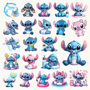 May include: A collection of cartoon illustrations of a blue alien character, some wearing diapers, pacifiers, and baby clothes. The images are in various poses, with some holding bottles or balloons. A baby shower theme is present.