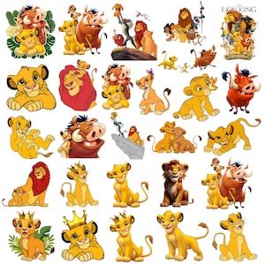 Könnte beinhalten: Eine Sammlung farbenfroher Cartoonbilder mit Charakteren aus "Der König der Löwen". Die Bilder zeigen Simba, Nala, Timon, Pumbaa und Mufasa in verschiedenen Posen. Die Kunstwerke sind hell und fröhlich, mit Fokus auf die Charaktere.