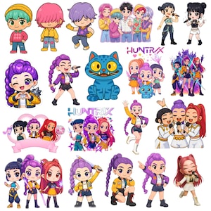 May include: A collection of colorful cartoon stickers featuring various characters, including singers, a blue cat, and groups of people. The stickers have a vibrant and playful design, with the word "HUNTRIX" displayed in the center.