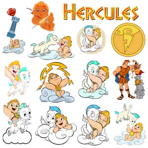 May include: A collection of cartoon illustrations featuring characters from the Disney movie "Hercules." The images include Hercules as a baby, Pegasus, and other characters, with the word "Hercules" in gold lettering.