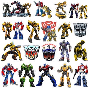 Peut inclure: Une collection de personnages et logos Transformers. L'image présente divers robots en poses dynamiques, dont Optimus Prime et Bumblebee, dans des couleurs vives comme le rouge, le bleu, le jaune et le vert. Plusieurs logos Transformers sont également affichés.