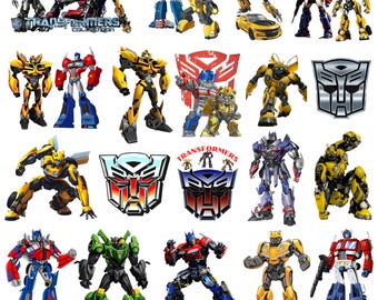 May include: A collection of Transformers characters and logos. The image features various robots in action poses, including Optimus Prime and Bumblebee, in vibrant colors like red, blue, yellow, and green. Several Transformers logos are also displayed.