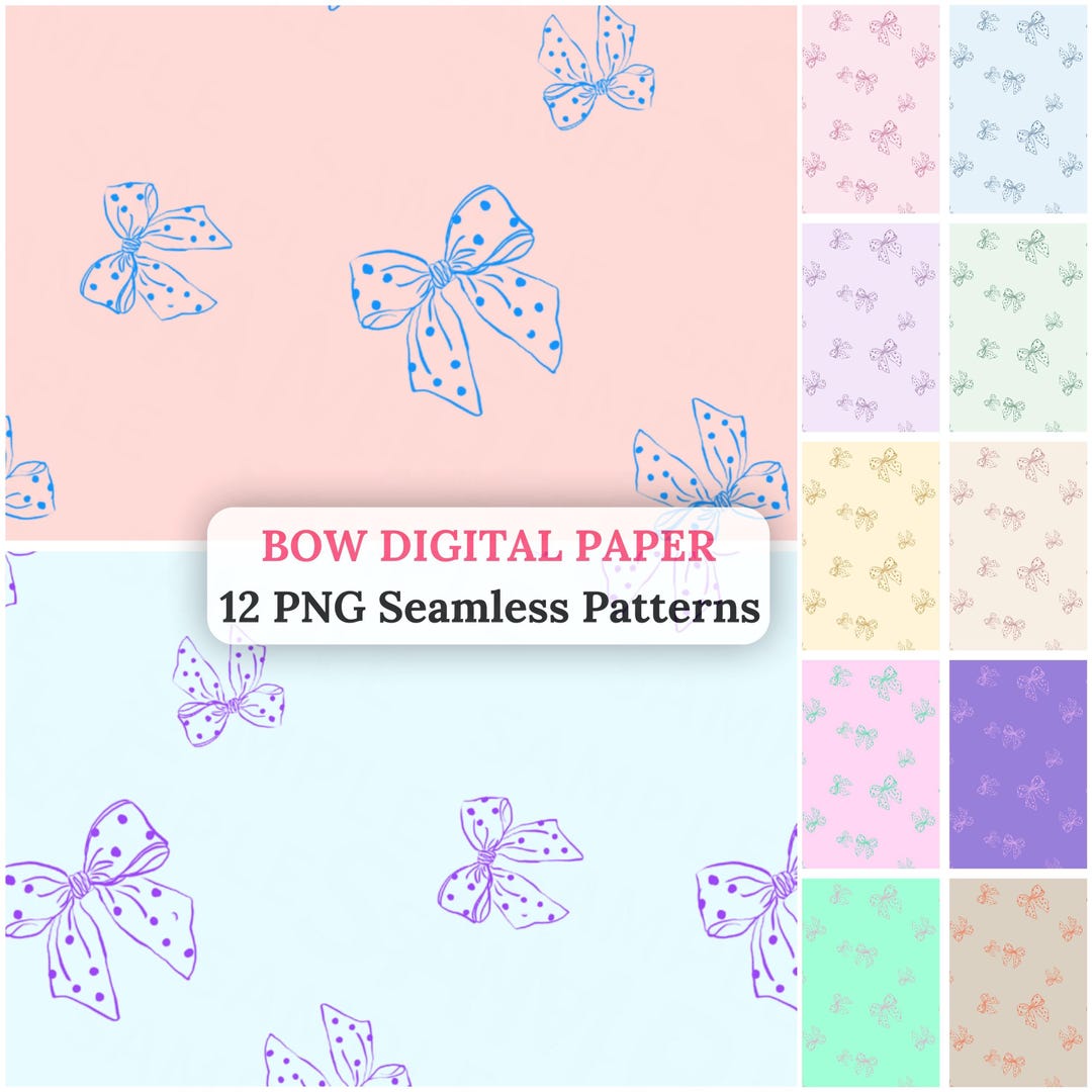 Bow Digital Paper Bundle 12 PNG Pastel Ribbon Seamless Patterns ...