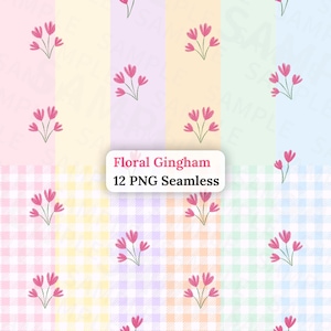 Floral Gingham Digital Paper 12 Seamless Patterns Hand Drawn Scrapbook Printable Background