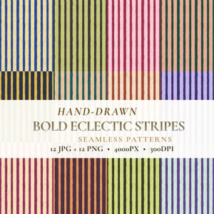 Hand Drawn Stripe Digital Paper, Bold Eclectic Seamless Patterns (12 JPG + 12 PNG)