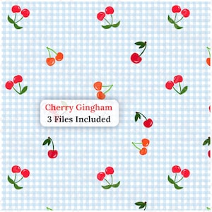 Cherry Gingham Digital Paper Seamless Pattern Blue Check Scrapbook Printable Background
