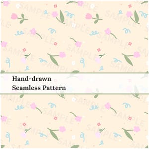 May include: A hand-drawn seamless pattern featuring pink flowers, green leaves, blue swirls, and small red and white floral accents on a cream background. The design includes the text "Hand-drawn Seamless Pattern" in a white banner.