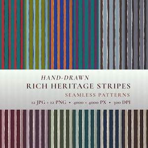 Puede incluir: Un gráfico digital con rayas verticales dibujadas a mano en varios colores incluyendo rojo, azul, verde, naranja y gris. El texto dice: HAND-DRAWN RICH HERITAGE STRIPES SEAMLESS PATTERNS 12 JPG + 12 PNG 4000 x 4000 PX 300 DPI.