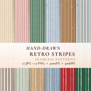 Papier numérique à rayures dessinées à la main, ensemble de motifs rétro sans raccord (12 JPG + 12 PNG)