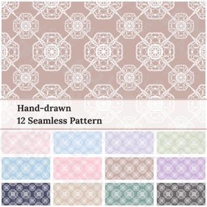 Puede incluir: Un conjunto de 12 patrones sin costuras con un diseño de encaje floral. El patrón superior es encaje blanco sobre un fondo marrón claro. La fila inferior muestra los patrones en varios colores, incluyendo azul, rosa y verde. El texto dice "Hand-drawn 12 Seamless Pattern."