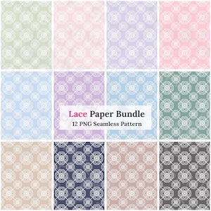 May include: A collection of 12 seamless lace pattern papers in various pastel colors, including pink, blue, green, and purple. Each paper features a delicate white lace design. The text "Lace Paper Bundle" and "12 PNG Seamless Pattern" is displayed.