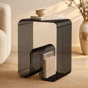 Minimalist Metal Side Table with Magazine Rack, Modern End Table, Wire Bedside Table, Sculptural Storage Table