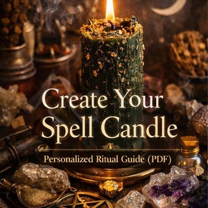 Könnte beinhalten: Eine brennende grüne Zauberkerze mit goldenen Akzenten und dem Text "Create Your Spell Candle". Die Kerze ist von Kristallen, einem Pentagramm und anderen Ritualgegenständen umgeben. Ein personalisierter Ritualführer (PDF) ist ebenfalls enthalten.