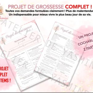 Deux documents imprimables roses et blancs intitulés "Projet de naissance"pour vous aider à concevoir un projet à votre image. Les documents font partie d'un projet de grossesse complet avec 12 éléments. Conçu par L'Atelier De Yasmine.