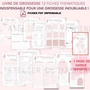 Aperçu de 12 fiches thématiques de grossesse à imprimer pour conserver un beau souvenir de sa grossesse, noter ses émotions, moments importants, souvenirs et étapes clés, design doux et floral, fichier PDF.