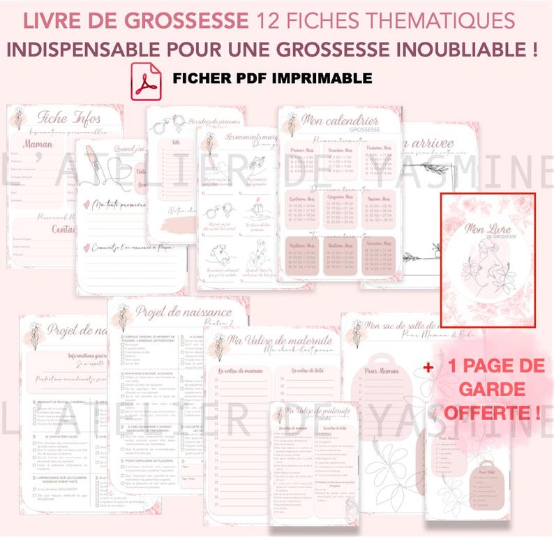 Aperçu de 12 fiches thématiques de grossesse à imprimer pour conserver un beau souvenir de sa grossesse, noter ses émotions, moments importants, souvenirs et étapes clés, design doux et floral, fichier PDF.