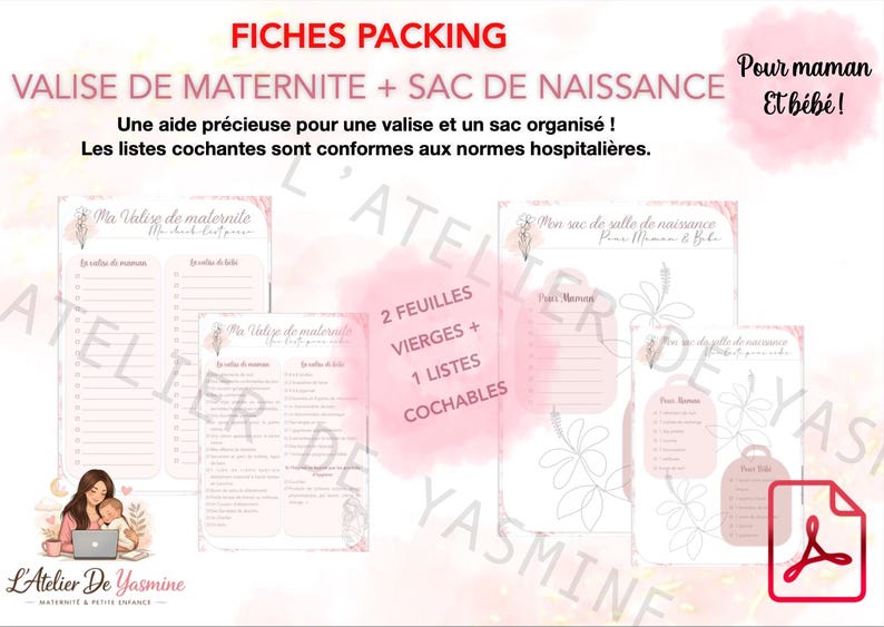 Listes  roses et blanches pour le valise de maternité et le sac de salle de naissance.