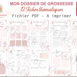 Un document PDF numérique intitulé "MON DOSSIER DE GROSSESSE" avec 12 fiches thématiques. Le document comprend des sections d'informations, des calendriers et des plans de naissance. Le design est dans des tons roses doux avec des accents floraux.