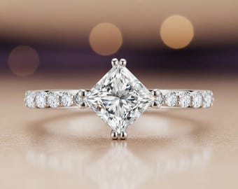 14K Weißgold Diamant Pavé Verlobungsring im Princess Cut Diamant - 1.80 ct
