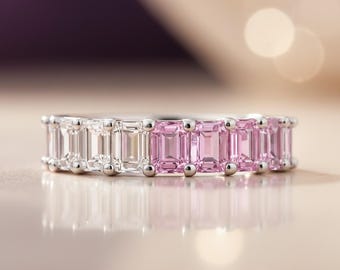 Eternity Ring aus 14K Weißgold mit Rosa Saphir und Diamant im Smaragdschliff - 8.22 CT