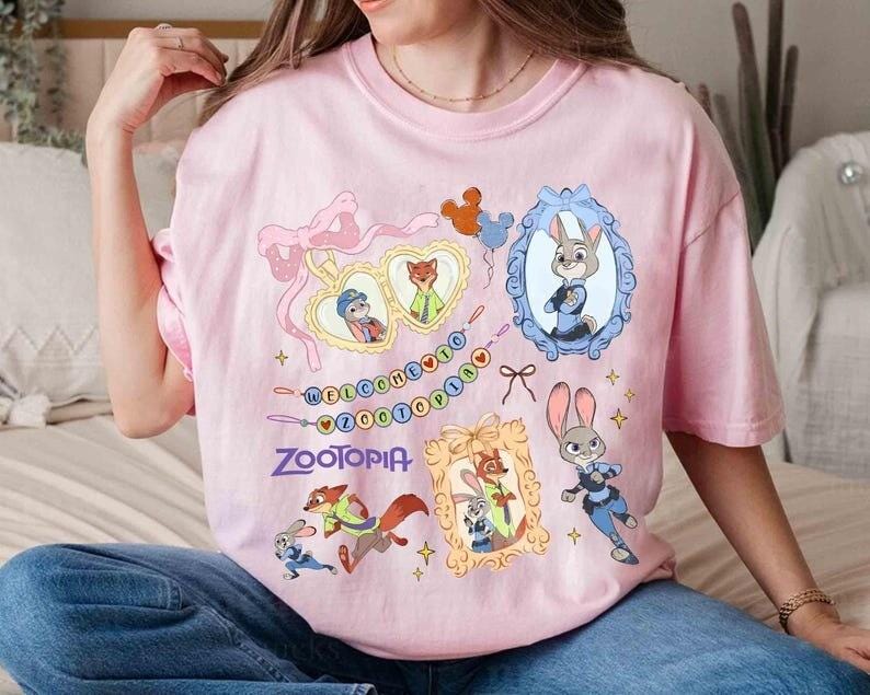 Camiseta de acuarela de Zootopia con lazo coqueto, camiseta de Judy Hopps, camiseta de Nick Wilde, camiseta retro de Zootrópolis de Disney, camiseta del viaje de la familia WDW 2026 imagen 1
