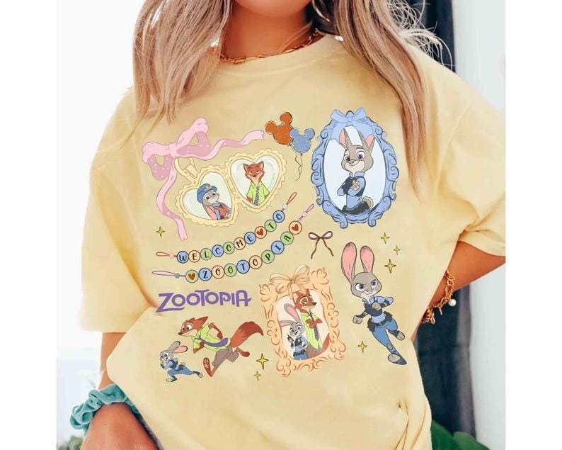 Camiseta de acuarela de Zootopia con lazo coqueto, camiseta de Judy Hopps, camiseta de Nick Wilde, camiseta retro de Zootrópolis de Disney, camiseta del viaje de la familia WDW 2026 imagen 2