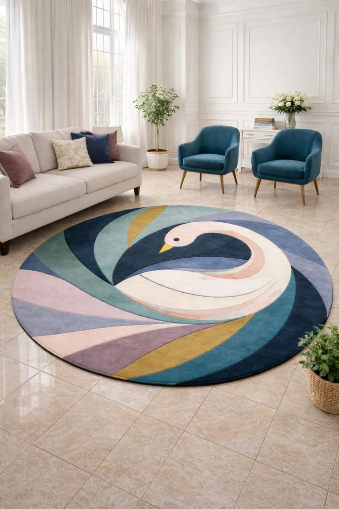 Modern Swan Round Rug – Hand Tufted 100% Wool Area Rug - Etsy