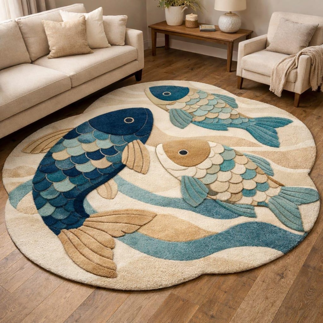 3D Koi Fish Area Rug – Scalloped Round Tufted Carpets, Coastal Ocean ...