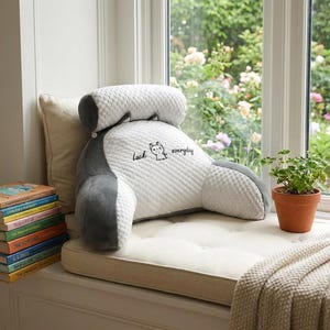 May include: A white and grey backrest cushion with armrests, positioned on a window seat. The cushion features a quilted design and a cat graphic with the words "Luck everyday". A small potted plant and books are also visible.