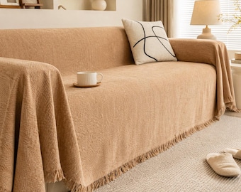 Funda de sofá de chenilla, manta de sofá con estampado de espiga y flecos, funda suave y drapeada, decoración moderna para sala de estar, protector de sofá