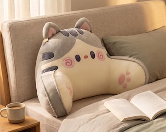 Cuscino schienale Kawaii in peluche a forma di gatto Husky / Cuscino da lettura ricamato con fodera rimovibile / Simpatico cuscino per il riposo a letto / Regalo decorativo per la camera in stile anime