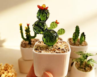 Hand Blown Glass Potted Cactus Plant, Stained Glass Desk Decor Ornament