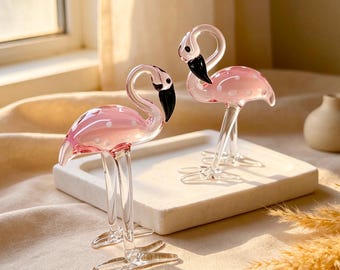 Handmade Pink Flamingo Family Glass Ornament,Tropical Home Decor,Miniature Pink Flamingo Statue,Cute Desk Bird Decor,gift for bird lovers