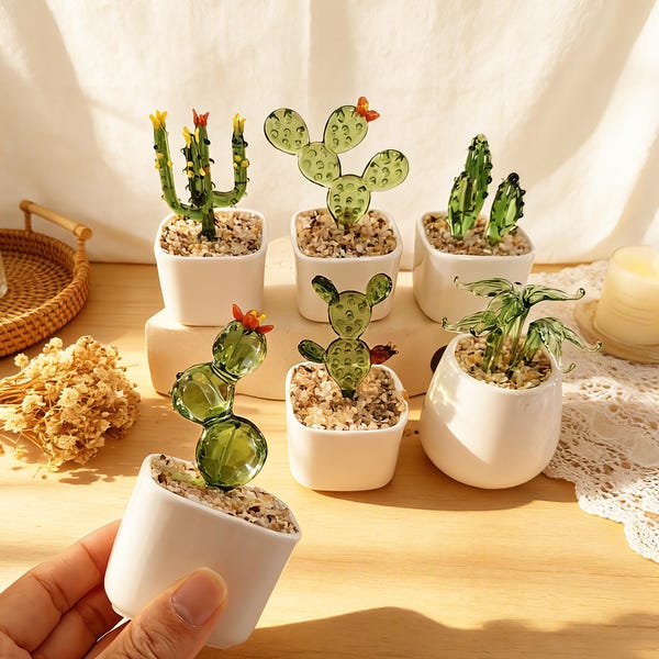 Hand Blown Glass Potted Cactus Plant, Stained Glass Desk Decor Ornament