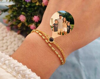 Meaningful Photo Bracelet,Double Chain Projection Bracelet,Pet Picture Bracelet,Gold Charm Bracelet, Mother Bracelet,Christmas Gifts for Her