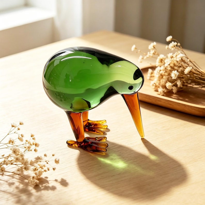May include: A glass figurine of a kiwi bird featuring a translucent emerald green body, a long amber-colored beak, and amber-colored legs and feet. The bird is depicted in a forward-leaning posture with a smooth, polished finish throughout.