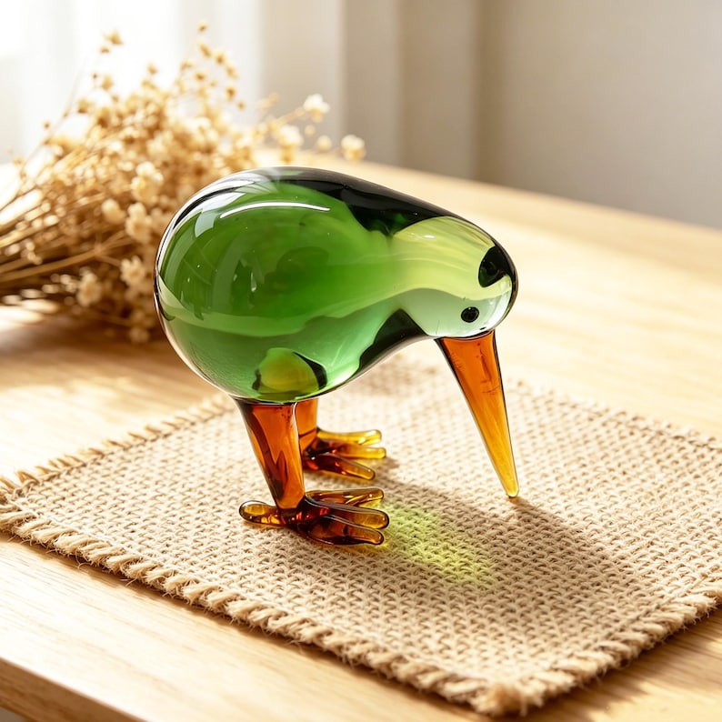 May include: A glass figurine of a kiwi bird featuring a translucent emerald green body, a long pointed amber beak, and amber-colored feet. The bird is depicted in a forward-leaning posture with its beak touching the surface below.
