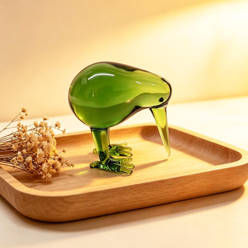 May include: A translucent green glass figurine shaped like a kiwi bird with a long, pointed beak and detailed feet. The bird is standing on a smooth, light-colored wooden tray next to a small cluster of dried, off-white baby's breath flowers.