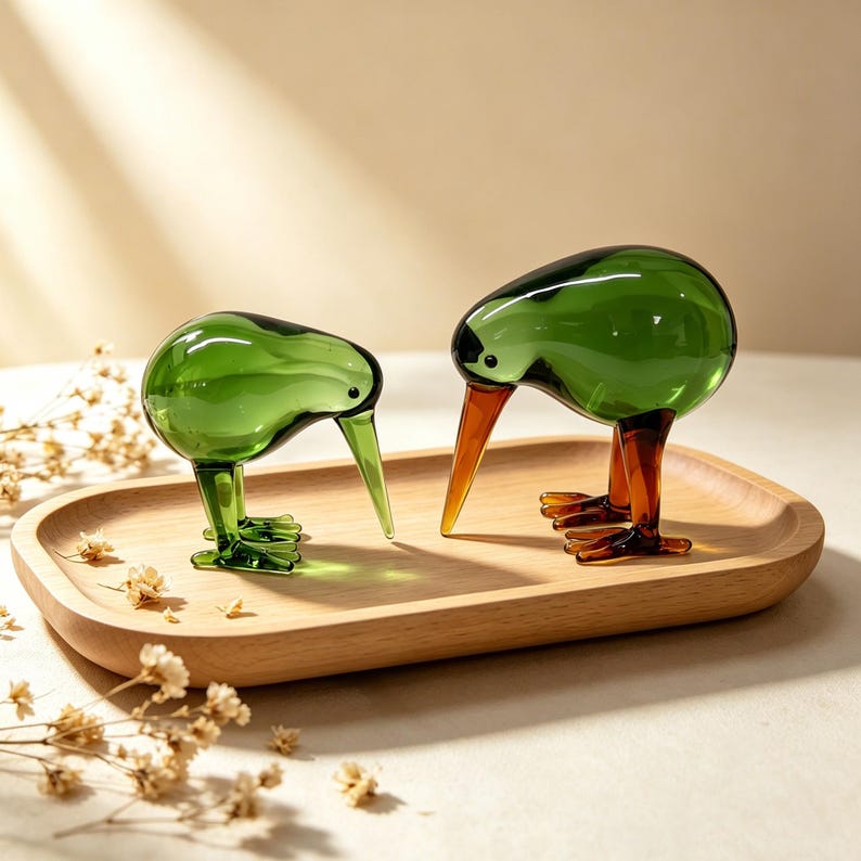 May include: Two glass kiwi bird figurines. The smaller bird is entirely translucent green. The larger bird features a translucent green body with a distinct amber-colored beak and legs. Both birds are positioned in a forward-leaning posture.