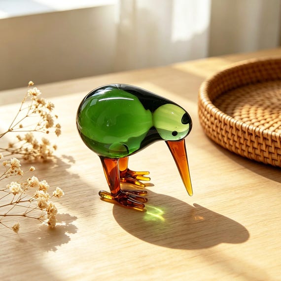 Custom Glass Bird,Kiwi Bird Figurine,Nature Inspired Home Decor,Animal Ornament,Green Amber Art Sculpture,Bird Lover Gift,Happiness Bluebird