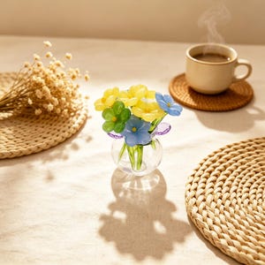 May include: A small glass vase holds a colorful bouquet of glass flowers. The flowers are yellow, green, and blue. A cup of coffee sits on a woven coaster, and a dried flower arrangement is also visible.