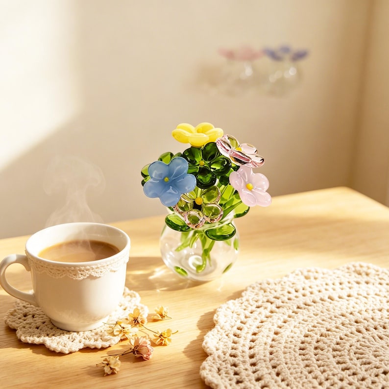 May include: A white teacup with a lace trim sits on a crocheted doily next to a small glass vase filled with colorful glass flowers. The flowers include yellow, blue, and pink petals with green leaves. Steam rises from the cup.