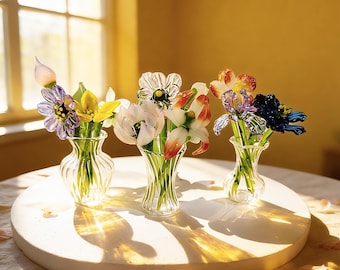 Personalized Glass Birth Month Flowers,Mini Glass Bouquet With Vase, Hand Blown Spring Flower for mom,Home Decor,Birthday gift For Her